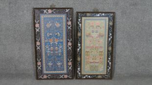 Two bamboo design framed and glazed 19th century Chinese silk embroidery panels. One depicting vases