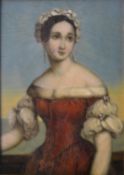 A carved giltwood framed 19th century oil on board, portrait of a Victorian woman in a red dress