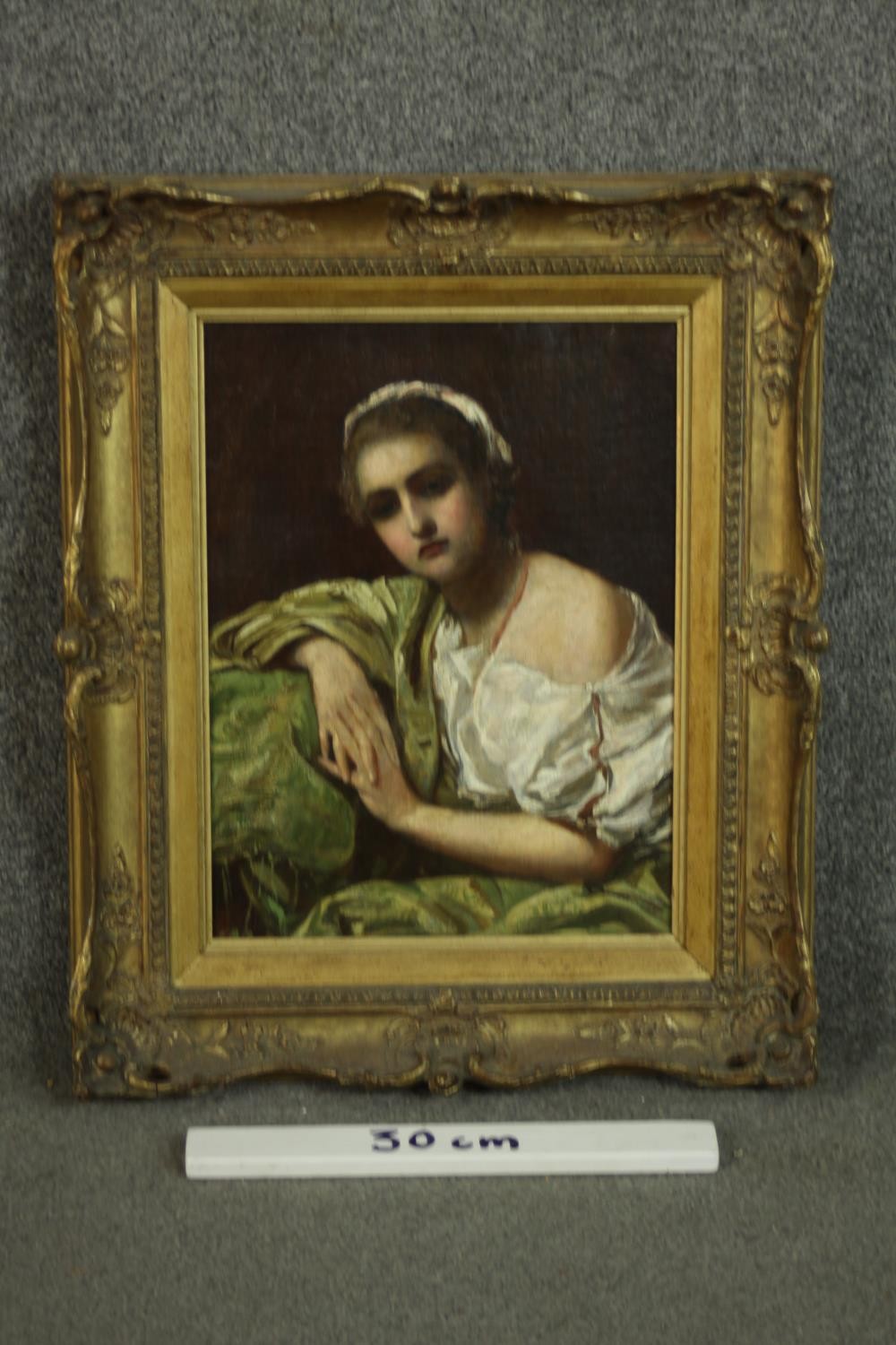 A carved gilt framed oil on board of a woman in a green shawl and white lace dress, unsigned. H.54 - Image 3 of 7