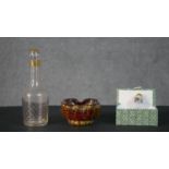 A collection of glass, including a boxed Chinese reverse painted glass scent bottle with crane