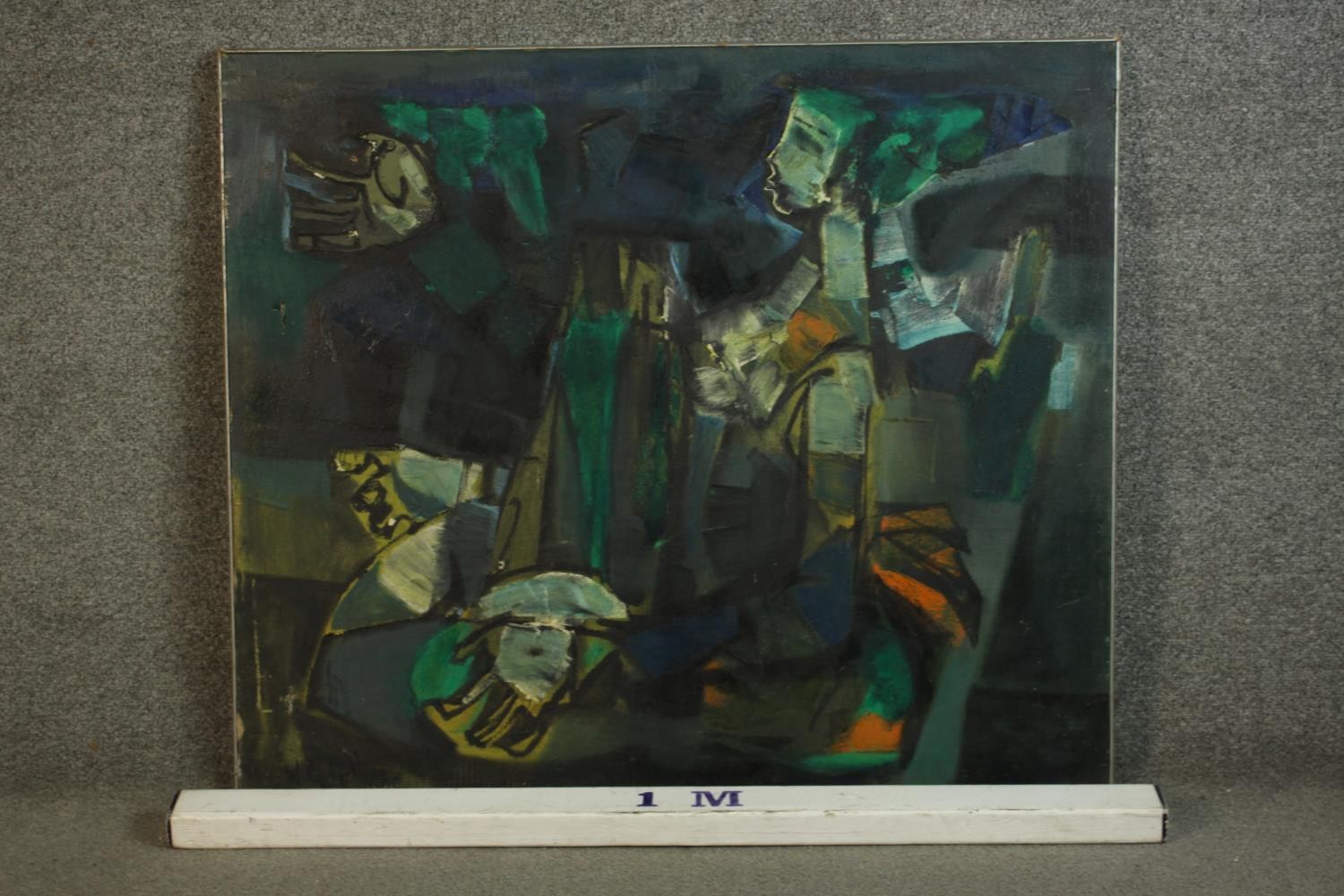 An abstract oil on canvas with figures, indistinctly signed. H.78 W.91cm. - Image 2 of 6
