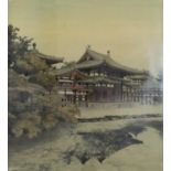 A framed and glazed vintage Japanese print on silk of a pagoda with river and trees, unsigned. H.