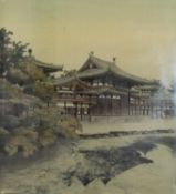 A framed and glazed vintage Japanese print on silk of a pagoda with river and trees, unsigned. H.