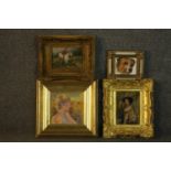 Four gilt framed oil on boards, various subjects including a hunting scene signed C. Harrison and