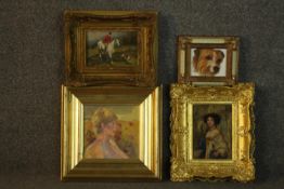 Four gilt framed oil on boards, various subjects including a hunting scene signed C. Harrison and