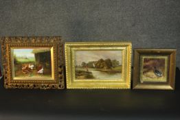 Three gilt framed oils on board, a rooster with chickens in a barn, a riverscape and a duck. All