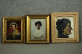 Three giltwood framed oil on board portraits of women, one with a lace bonnet and one side