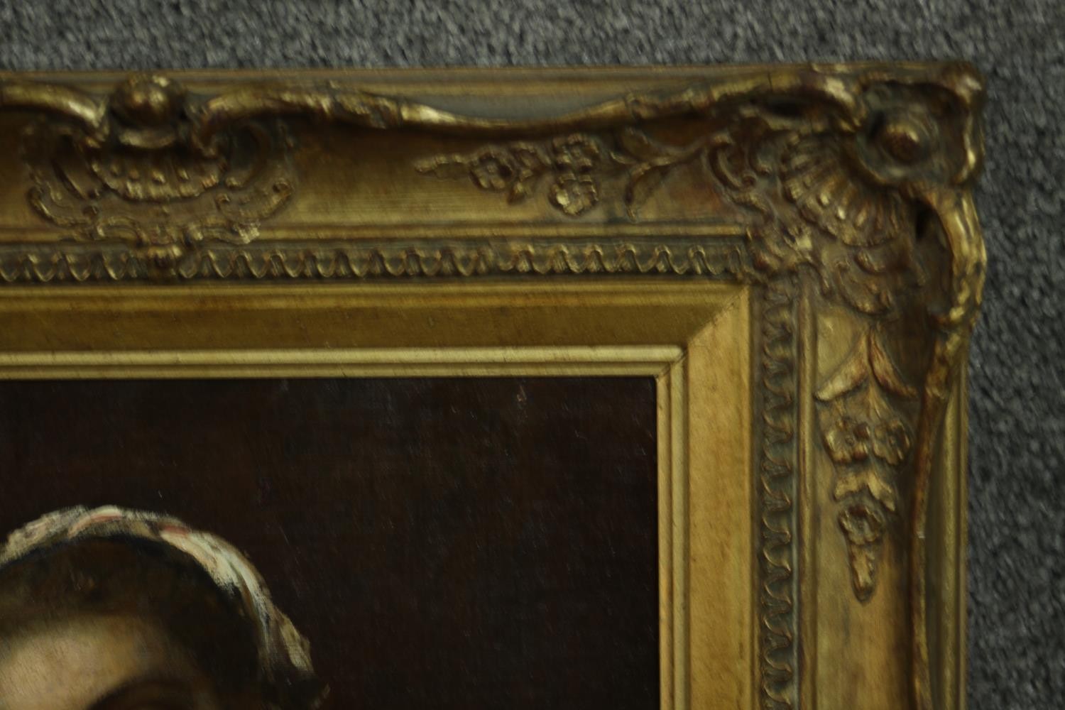 A carved gilt framed oil on board of a woman in a green shawl and white lace dress, unsigned. H.54 - Image 6 of 7
