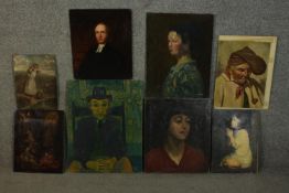 Seven unframed oil on boards of portraits and figures along with a similar oil on canvas. Various