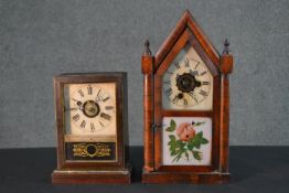 Two 19th century clock with hand painted glass panels, each with makers label to the inside. H.37