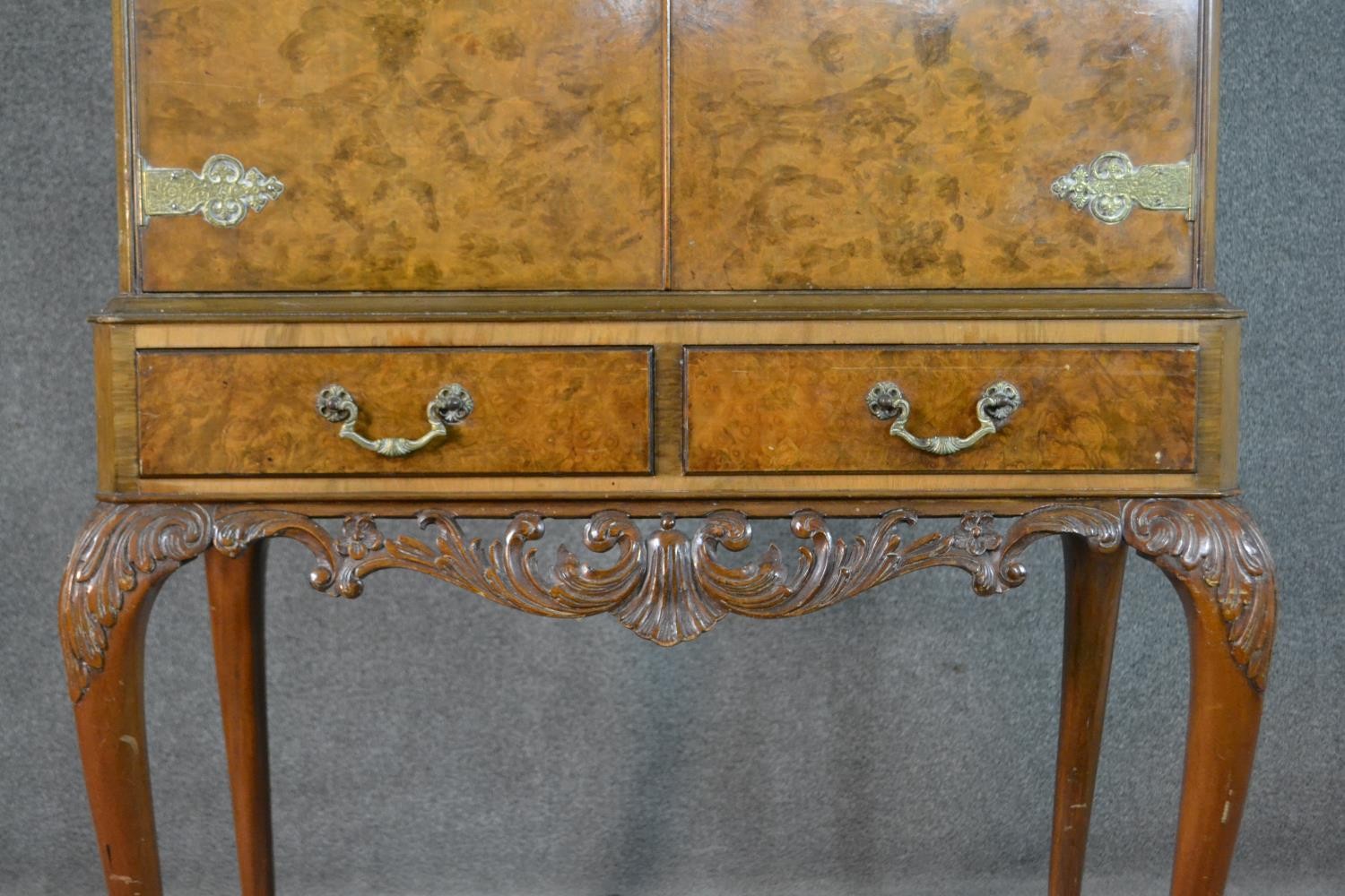 An Epstein style 1930s burr walnut drinks cabinet, the two cupboard doors with ornate brass - Image 12 of 13