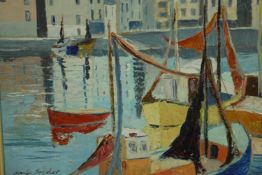 Follower of Charles Breaker, oil on board of a harbour scene, signed Charles Breaker. H.53 W.60cm.