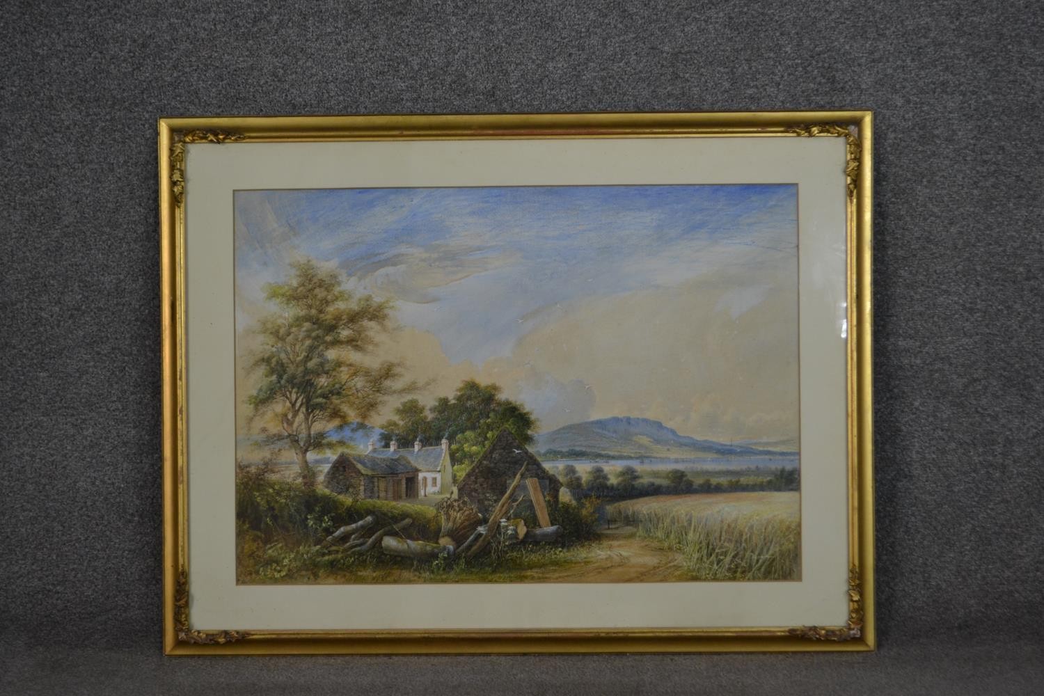 A gilt framed and glazed 19th century watercolour, farm cottages with fields and hills in the - Image 2 of 11