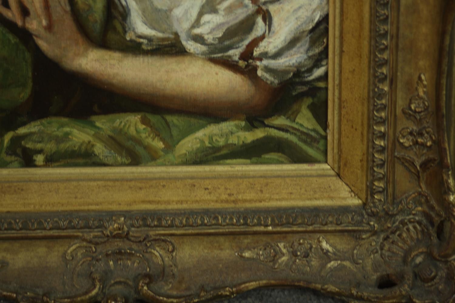 A carved gilt framed oil on board of a woman in a green shawl and white lace dress, unsigned. H.54 - Image 4 of 7