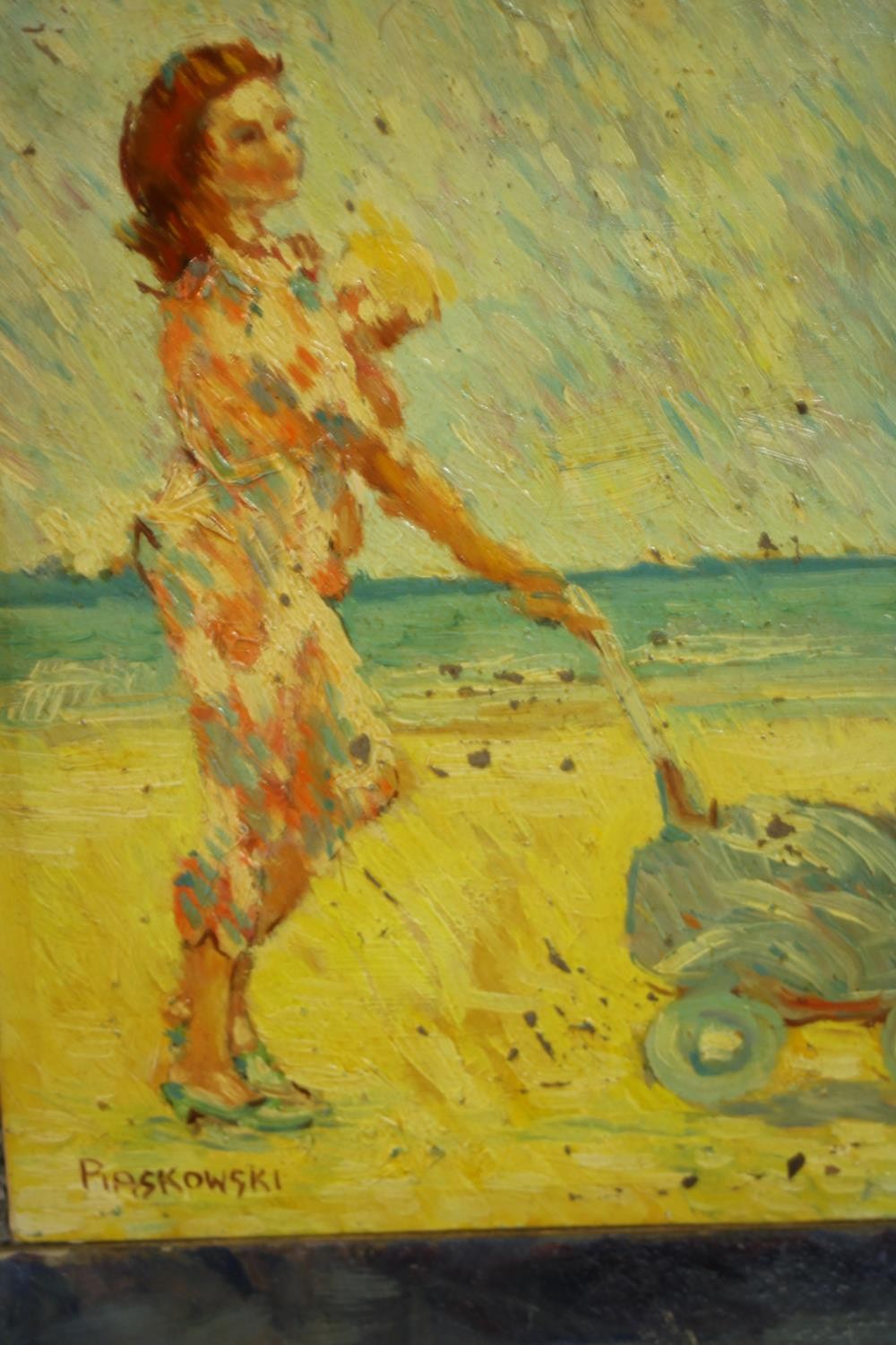 Five unframed oil on boards of various subjects, including lady on a beach, signed Piaskowski - Image 6 of 8