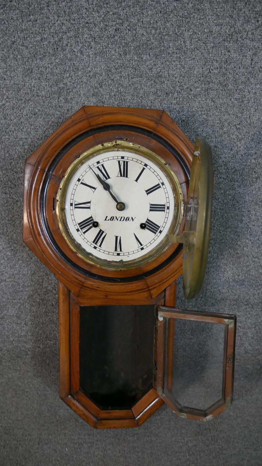 A late 19th century wall clock, the circular painted dial in an octagonal frame, with Roman - Image 4 of 9