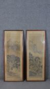Two framed and glazed Chinese watercolours on paper of mountain landscapes with figures, each with
