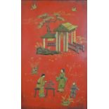 A Chinese red lacquered panel, decorated with three figures before a building, with birds to the