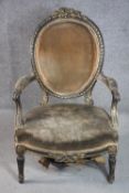 A 19th century painted and parcel gilt fauteuil open armchair, upholstered in brown velour to the