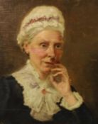 A gilt framed oil on board of an old lady in lace bonnet, unsigned. H.64 W.54cm.