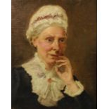 A gilt framed oil on board of an old lady in lace bonnet, unsigned. H.64 W.54cm.