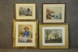 A framed and glazed pastel of a farm girl, monogramed RWA, along with two prints of landscapes and