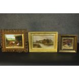 Three gilt framed oils on board, a rooster with chickens in a barn, a riverscape and a duck. All