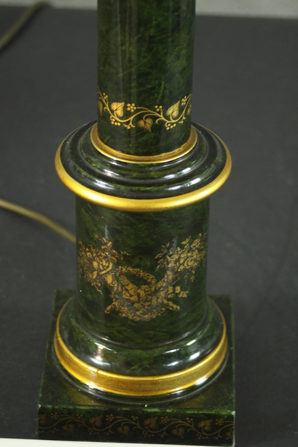 A green marble effect and parcel gilt tole ware table lamp, of column form, with a square base, - Image 3 of 3