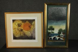 A framed oil on board of a landscape with a bridge and a signed artist proof etching of flowers. H.
