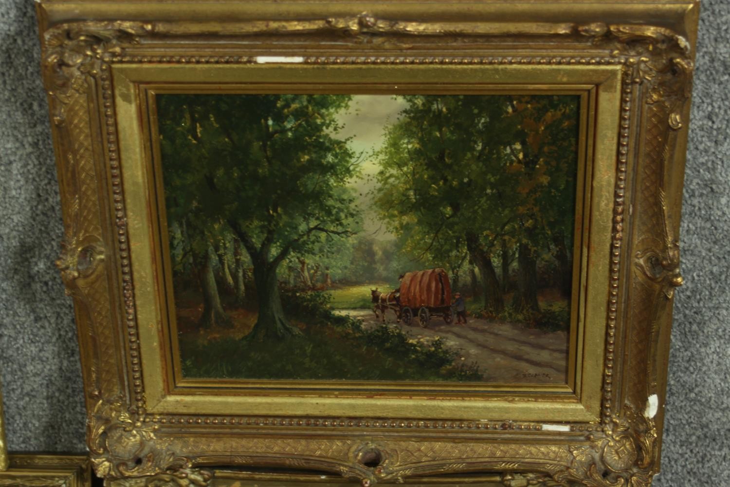 Four giltwood framed oil on boards, various subjects including a coastal scene, thatched cottages, - Image 9 of 12