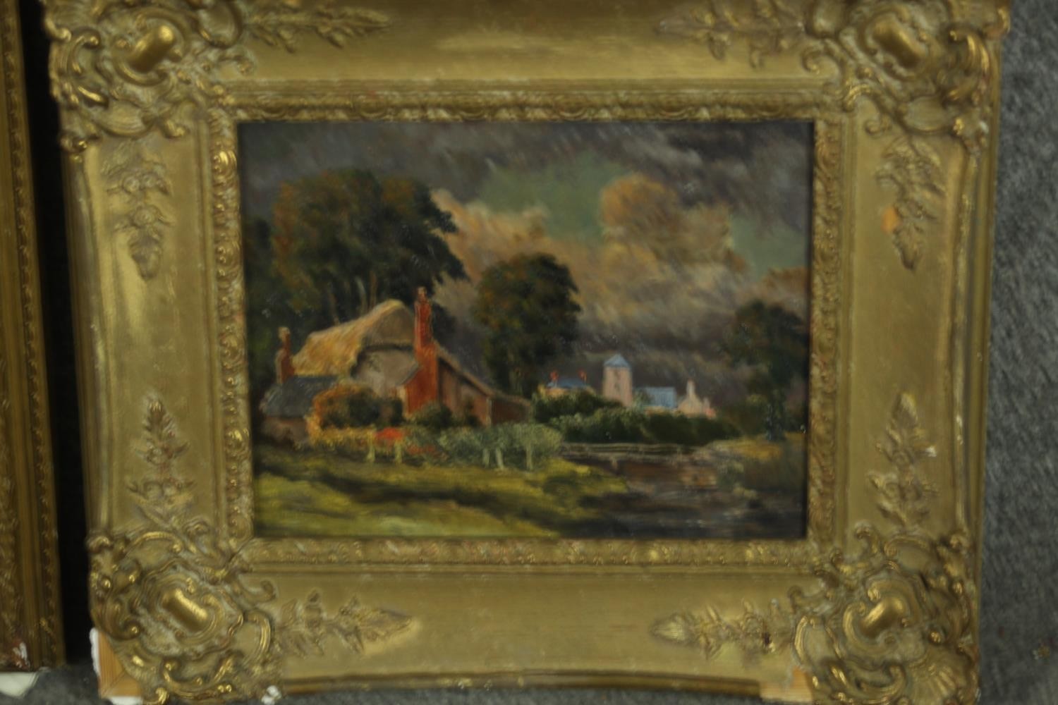 Four giltwood framed oil on boards, various subjects including a coastal scene, thatched cottages, - Image 8 of 12