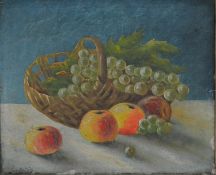 A framed oil on canvas of a basket of grapes with apples, indistinctly signed. H.35 W.42cm