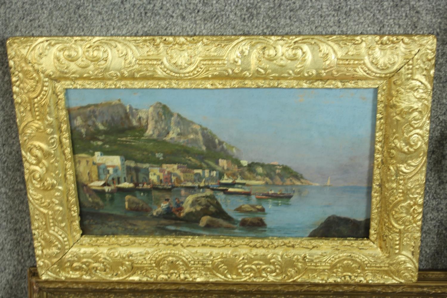 Four giltwood framed oil on boards, various subjects including a coastal scene, thatched cottages, - Image 10 of 12