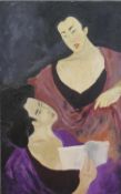 An unframed oil on canvas of two Japanese figures, signed verso Sally Coleman and dated 1989. H.