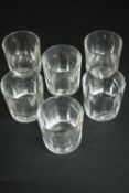 A set of six hand cut crystal whiskey tumblers. (one chipped) H.9 Dia.9cm.