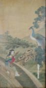 A framed and glazed Chinese watercolour on paper of a lady by a river with a phoenix in a tree.