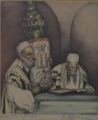 Saul Rabino (1892 - 1969), hand coloured print, 'Solomon Prayers', signed and titled. H.57 W.52cm