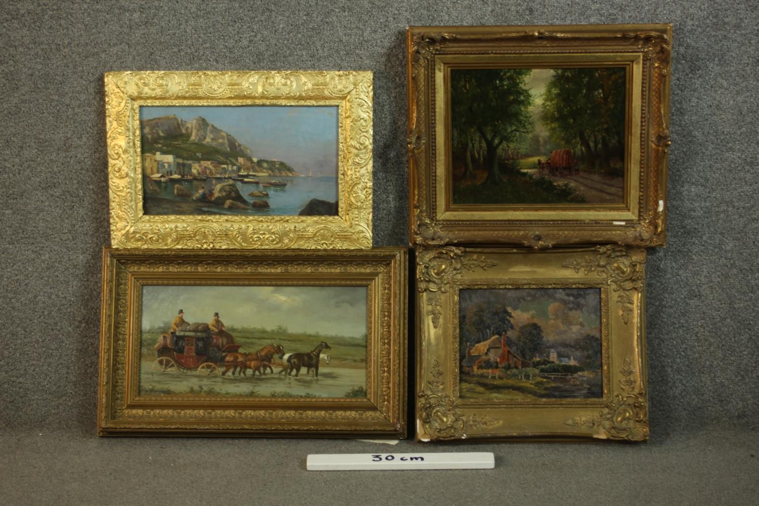 Four giltwood framed oil on boards, various subjects including a coastal scene, thatched cottages, - Image 2 of 12