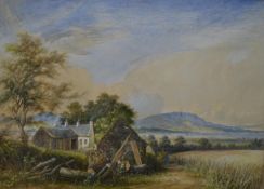 A gilt framed and glazed 19th century watercolour, farm cottages with fields and hills in the