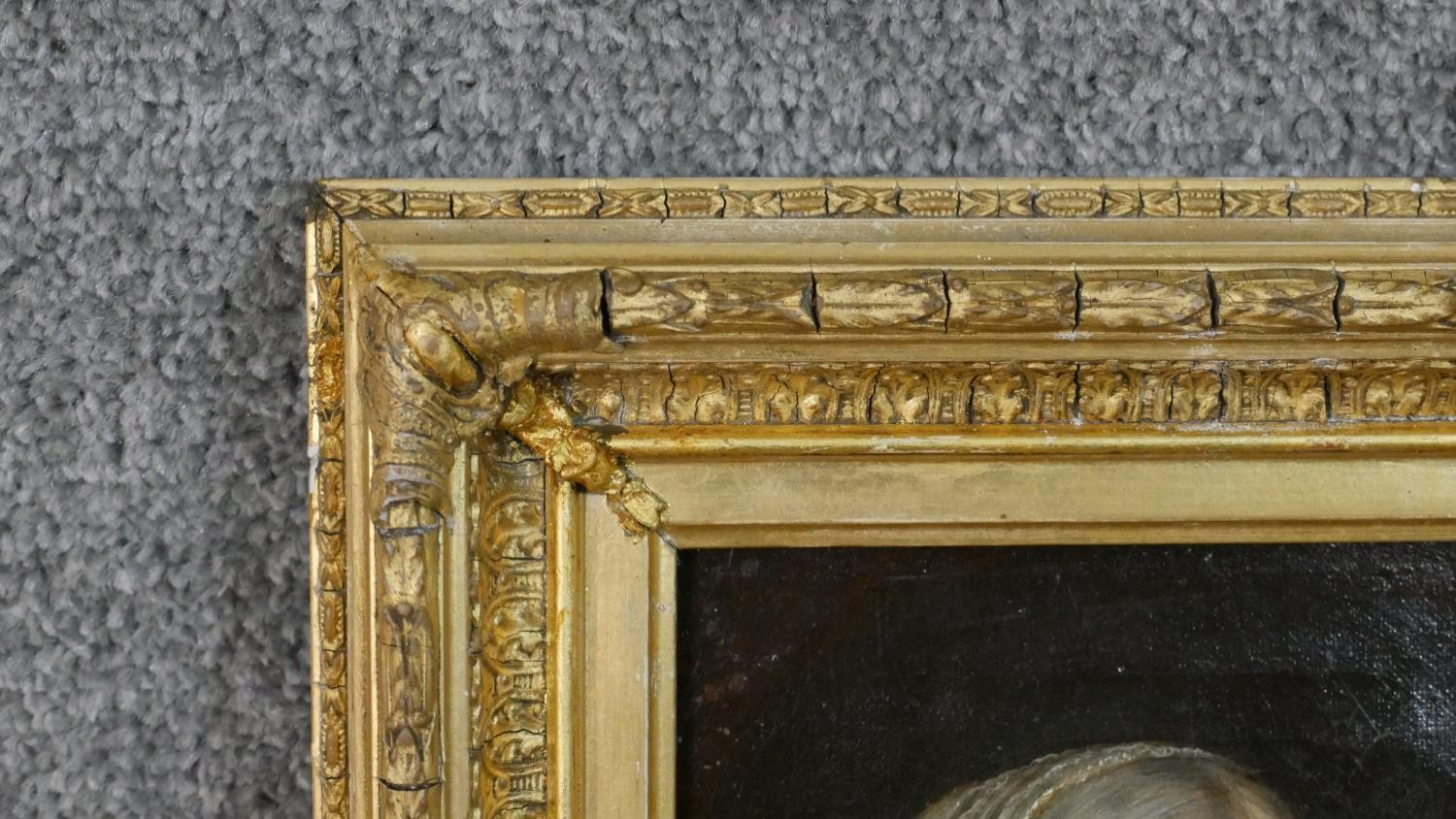 A carved giltwood framed oil on canvas portrait of an elderly lady in a lace collar. Unsigned. H. - Image 5 of 7