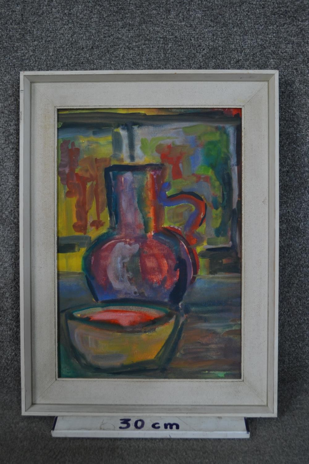 A framed watercolour of a colourful still life, unsigned. H.55 W.41cm - Image 3 of 3