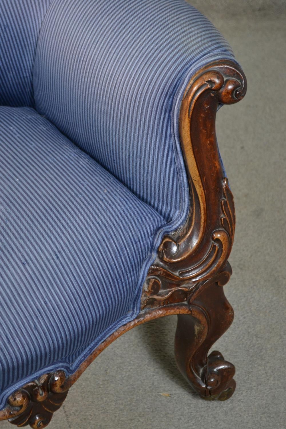 A circa 1830s mahogany tub armchair, upholstered in striped blue fabric, with a button back, the - Image 5 of 7