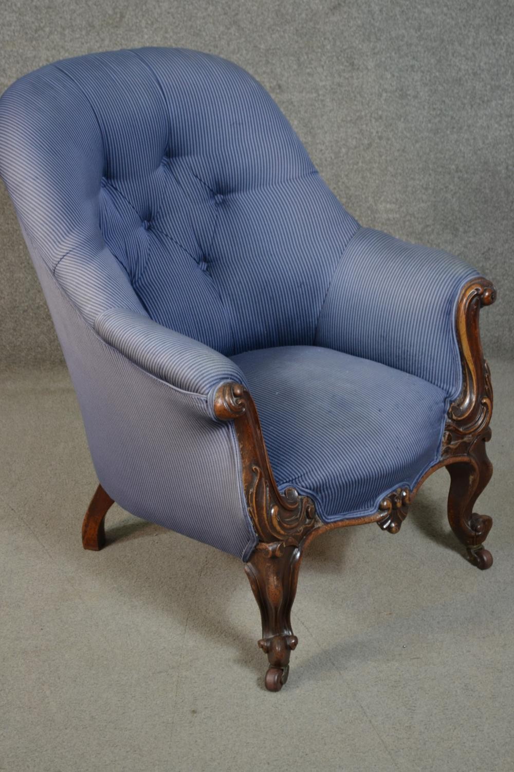 A circa 1830s mahogany tub armchair, upholstered in striped blue fabric, with a button back, the - Image 2 of 7