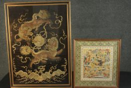 Two framed and glazed 19th century silk embroideries. One with gold thread on a black ground