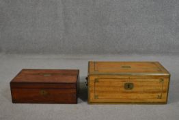 A Victorian mahogany and brass bound writing slope with gilded black leather interior (loose)