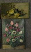 Two oil on canvas of still lives, one indistinctly signed and one unsigned. H.66 W.56cm. (largest)