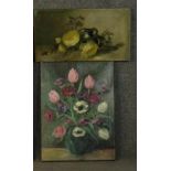 Two oil on canvas of still lives, one indistinctly signed and one unsigned. H.66 W.56cm. (largest)