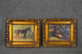 A pair of late 20th century oleograph prints, one depicting a horse, the other a pheasant, in gilt