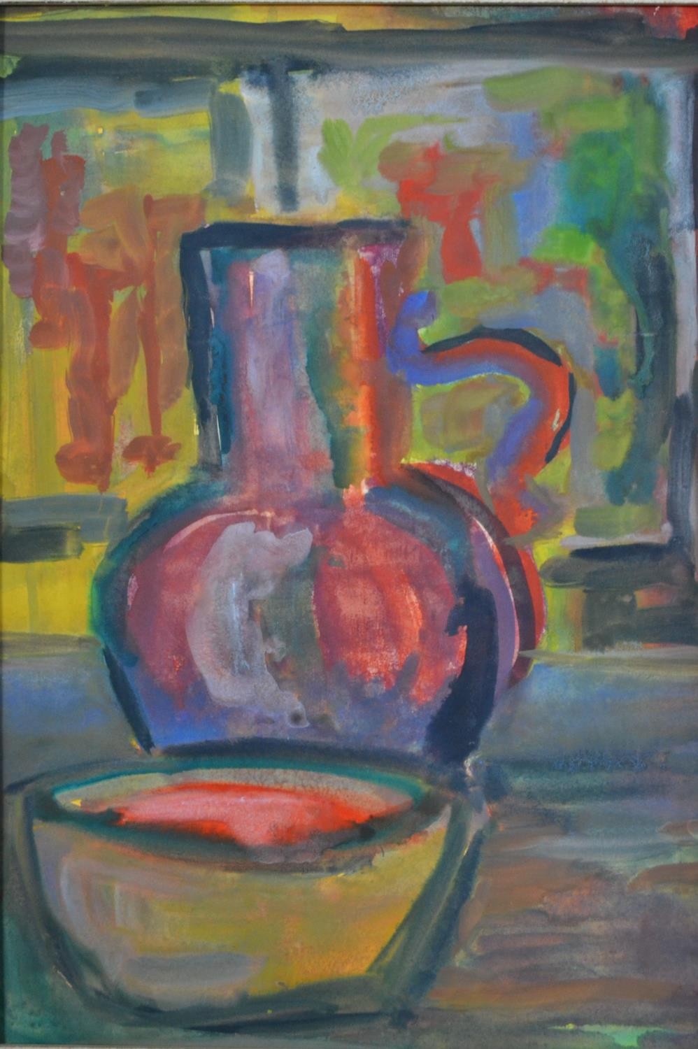 A framed watercolour of a colourful still life, unsigned. H.55 W.41cm