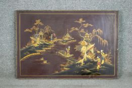 A lacquered and gilded Chinese design top to a vintage G. Marconi stereo cabinet, depicting a pagoda